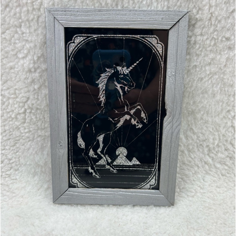 Vintage 1987 Lee Sales Unicorn Reverse Painted Glass Art Framed Suncatcher Black